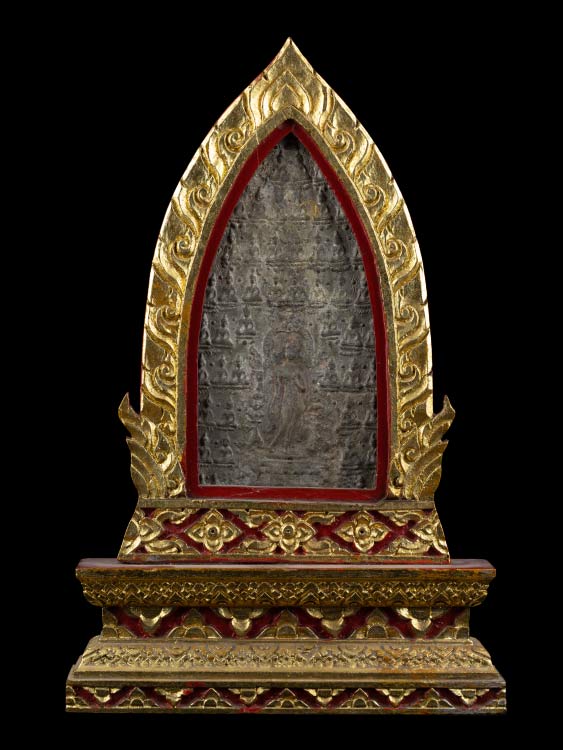 พระแผงใบขนุน กรุวัดราชบูรณะ เนื้อชินเงิน จ.อยุธยา พร้อมแท่นฐานบูชา